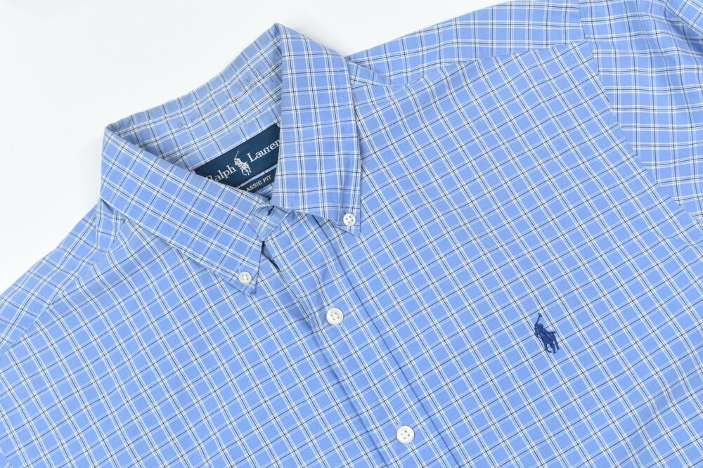 Vintage Ralph Lauren Shirt Mens 16.5 Blue Black Plaid Long Sleeve Button-Down